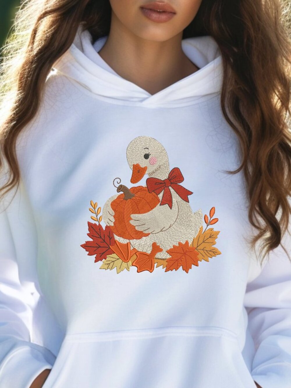 Fall Goose HOODIE Embroidered Unisex Sweatshirt Pumpkin Autumn Leaves Cozy